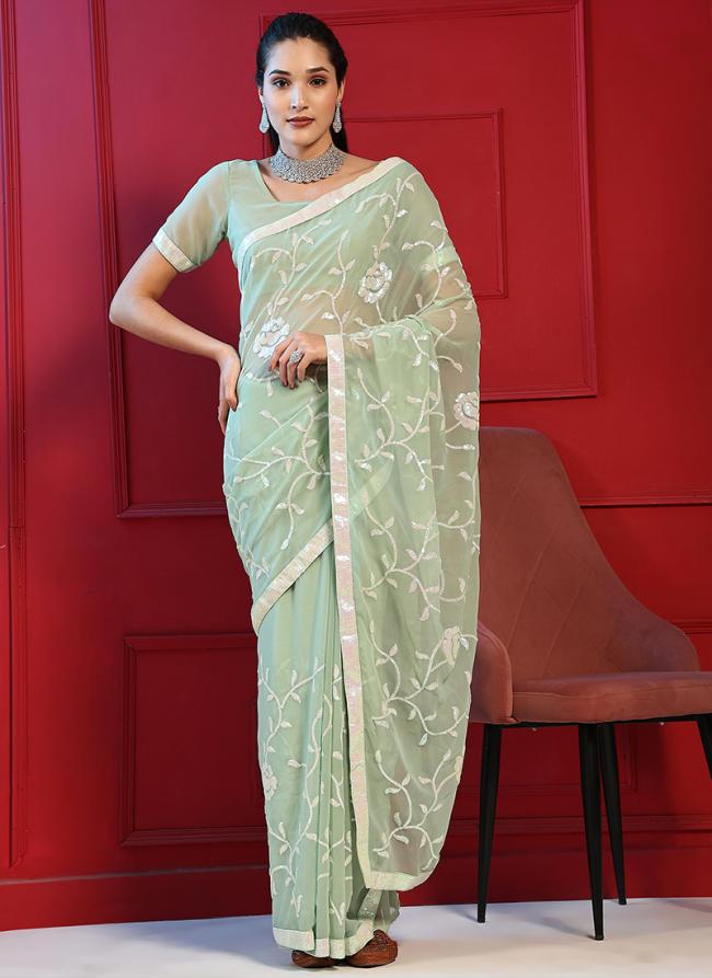 Blooming Georgette Pista Green Party Wear Sequins Work Saree